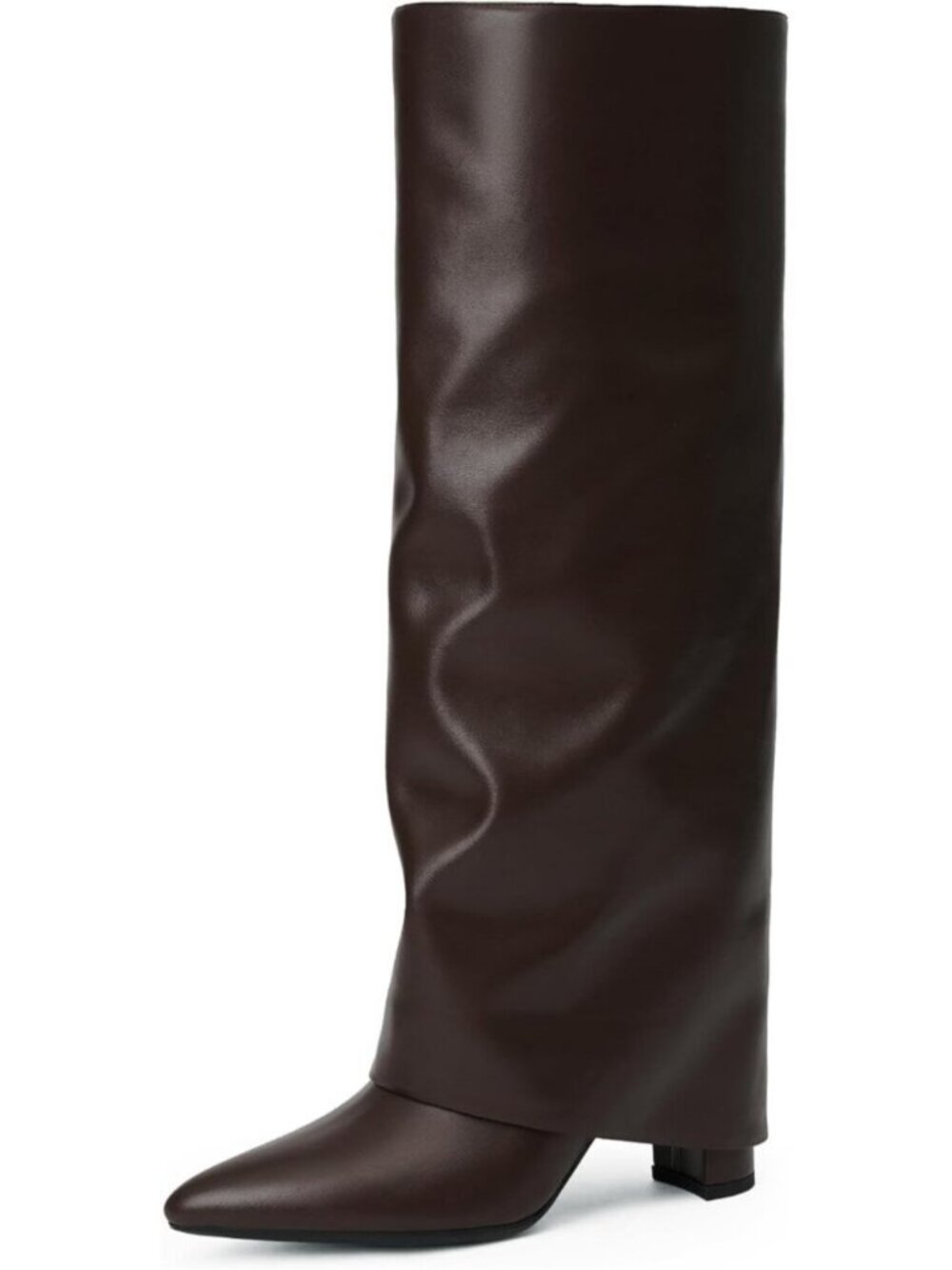 🆕Women Brown Faux Leather Fashion Pointed Toe Side Zipper Fold Over Tall Boots